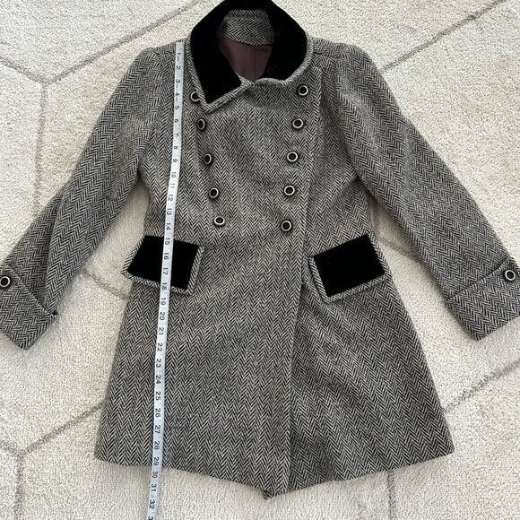 Vintage 60s Mid-Length Velvet Collar Wool-Blend Herringbone Coat - Picture 6 of 10
